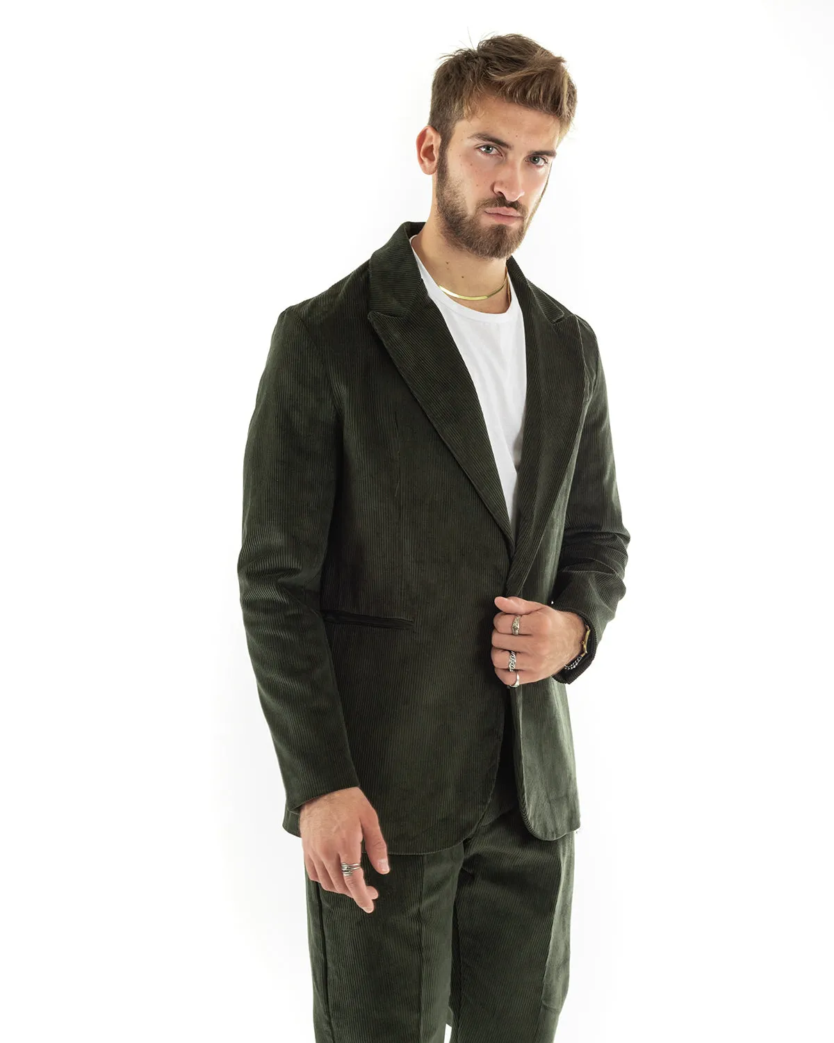 Abito Uomo Monopetto Vestito Velluto Completo Giacca Pantaloni Verde Elegante Cerimonia GIOSAL-OU2190A