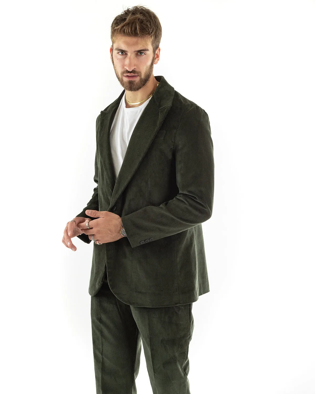 Abito Uomo Monopetto Vestito Velluto Completo Giacca Pantaloni Verde Elegante Cerimonia GIOSAL-OU2190A