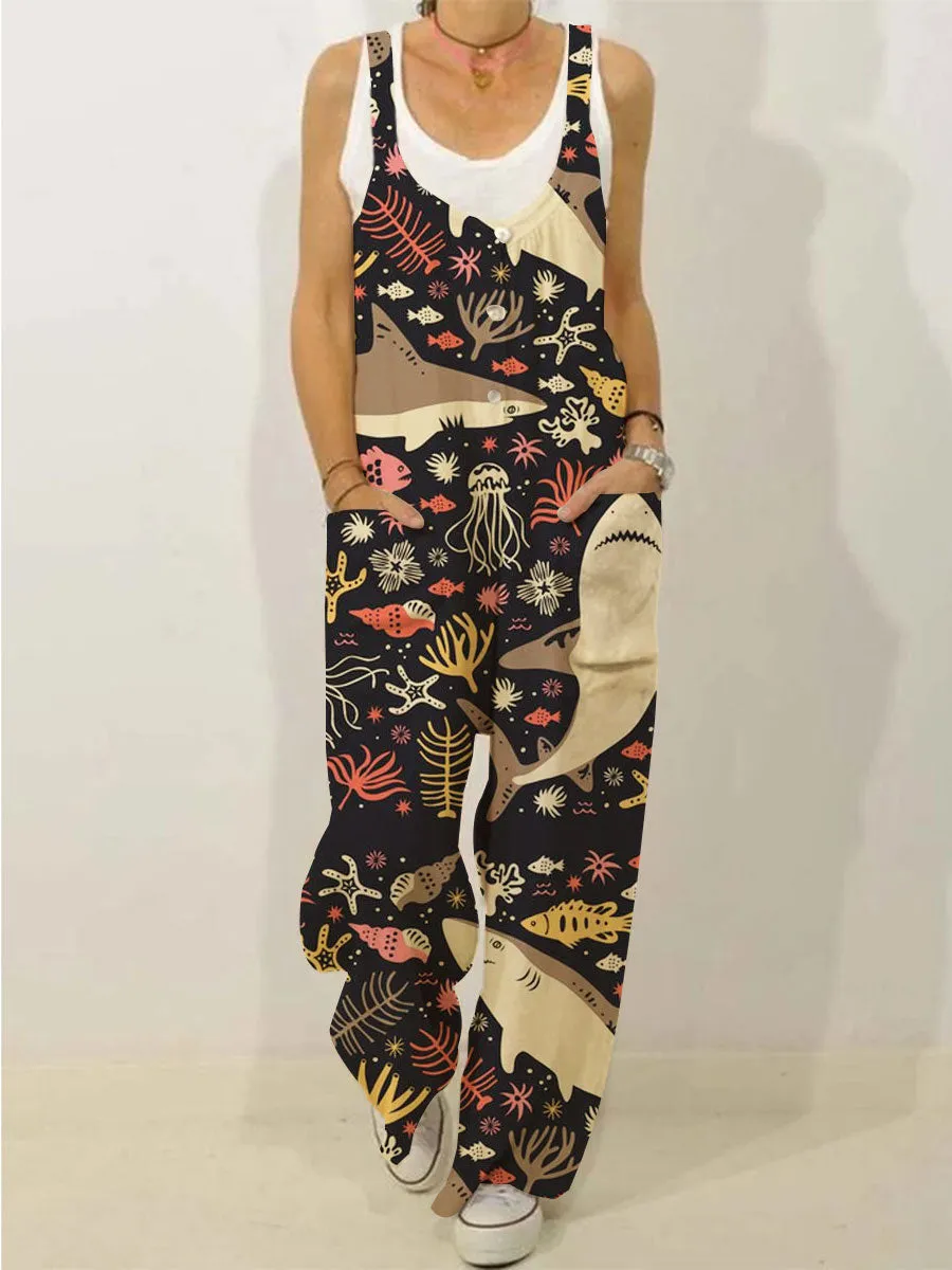 Casual shark printed pockets Jumpsuit