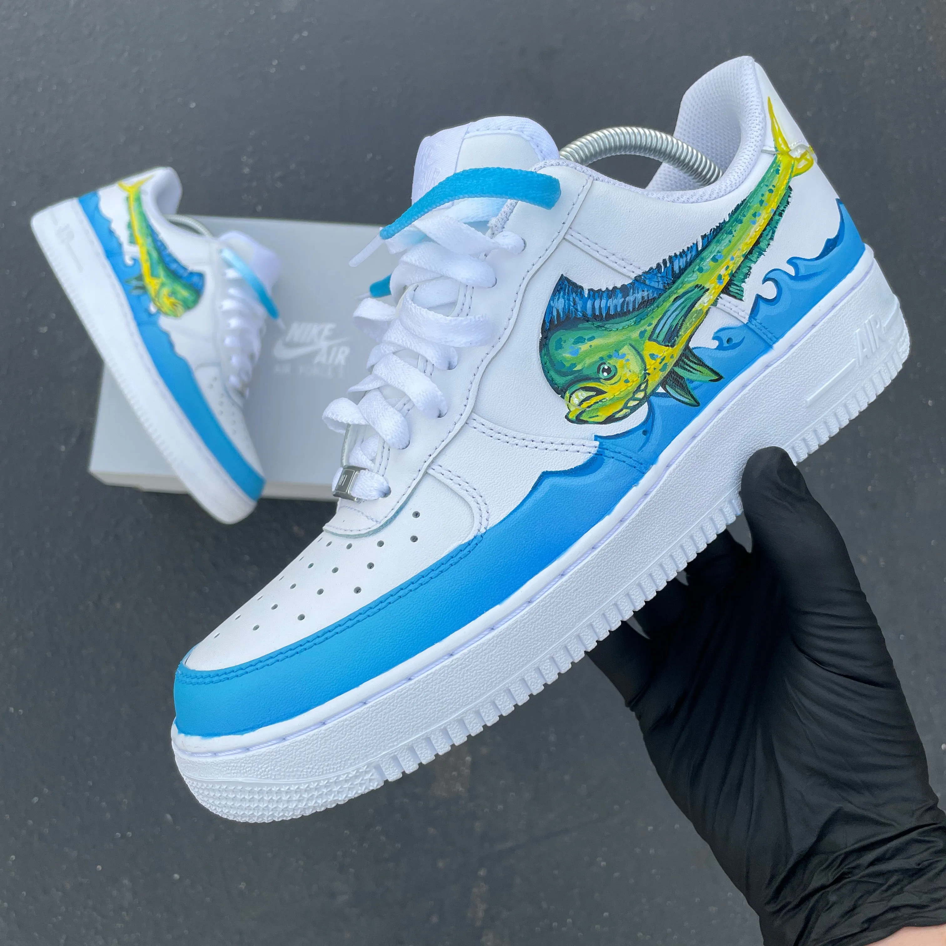 Custom Hand Painted White Mahi-mahi Fishing Themed Nike Air Force 1 Low