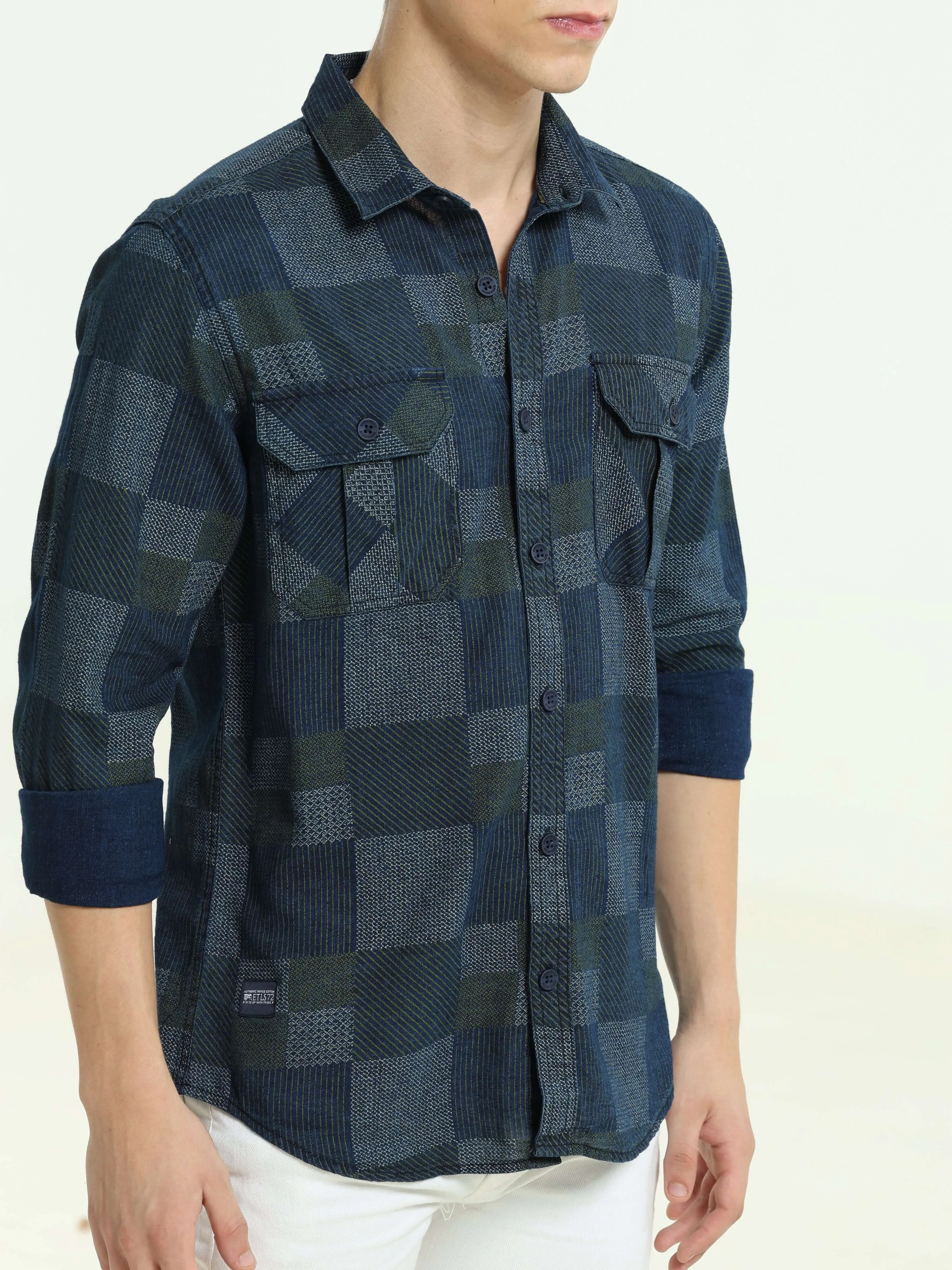 Denim multi blocked check casual shirt