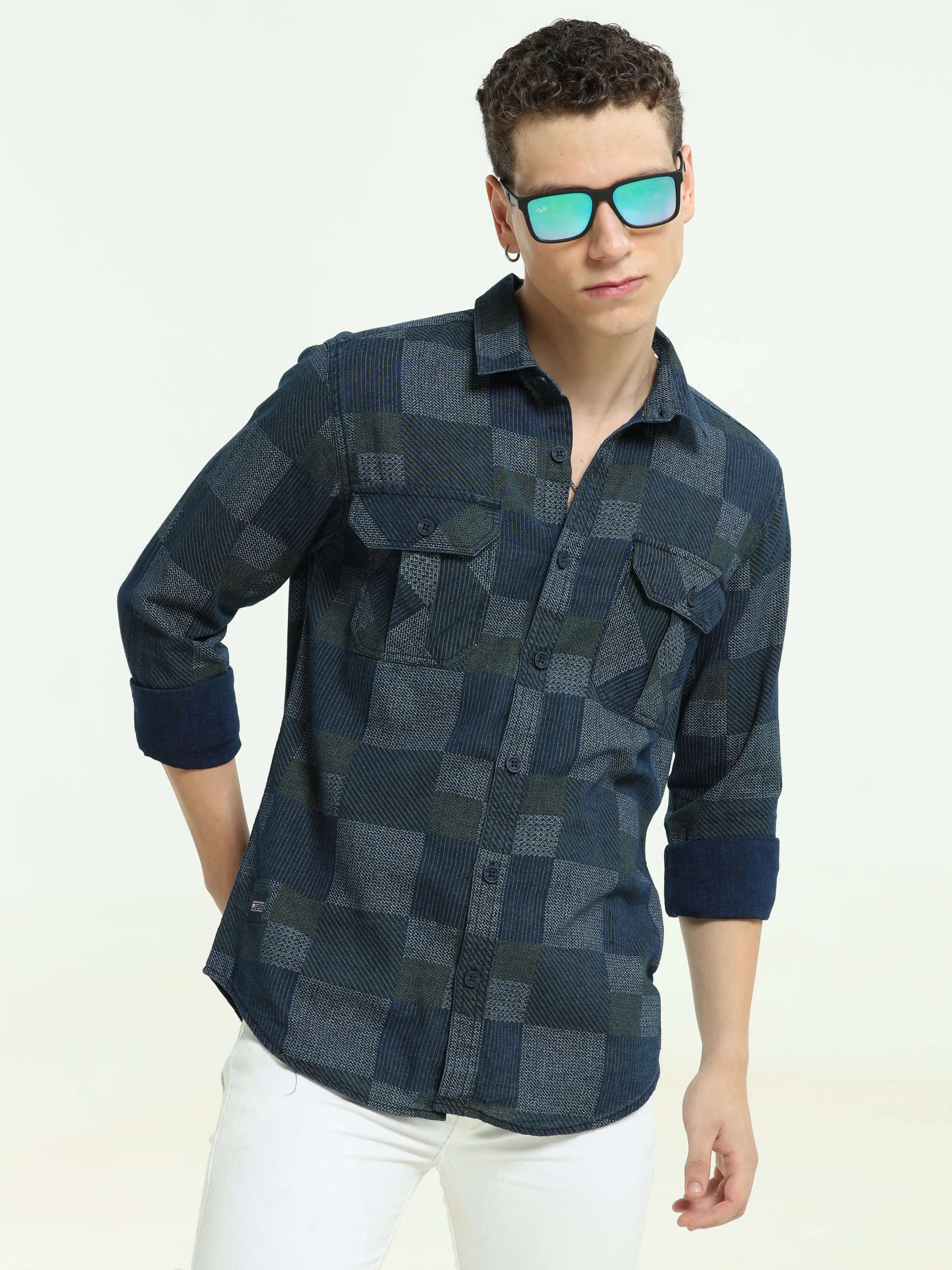 Denim multi blocked check casual shirt