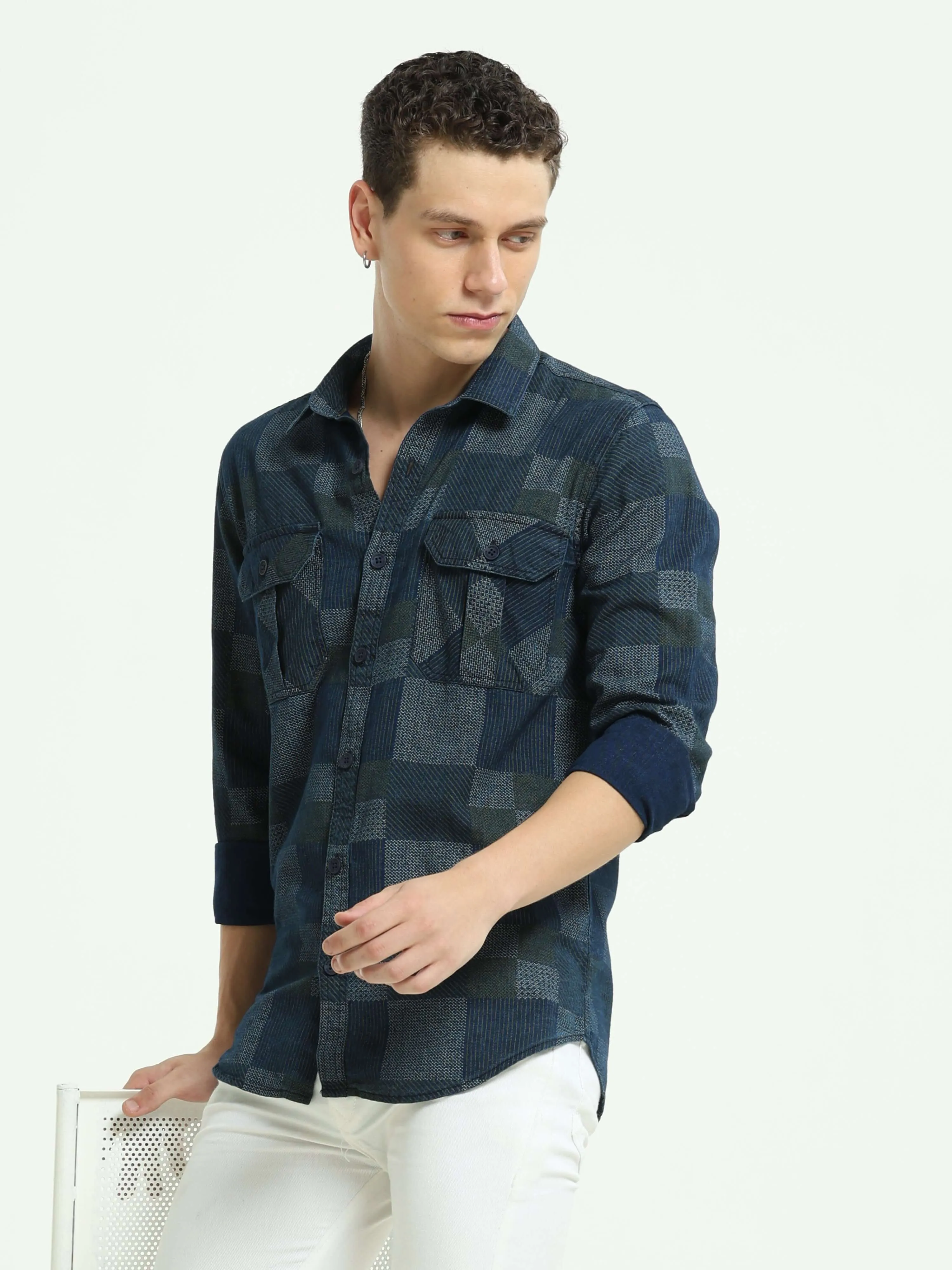 Denim multi blocked check casual shirt