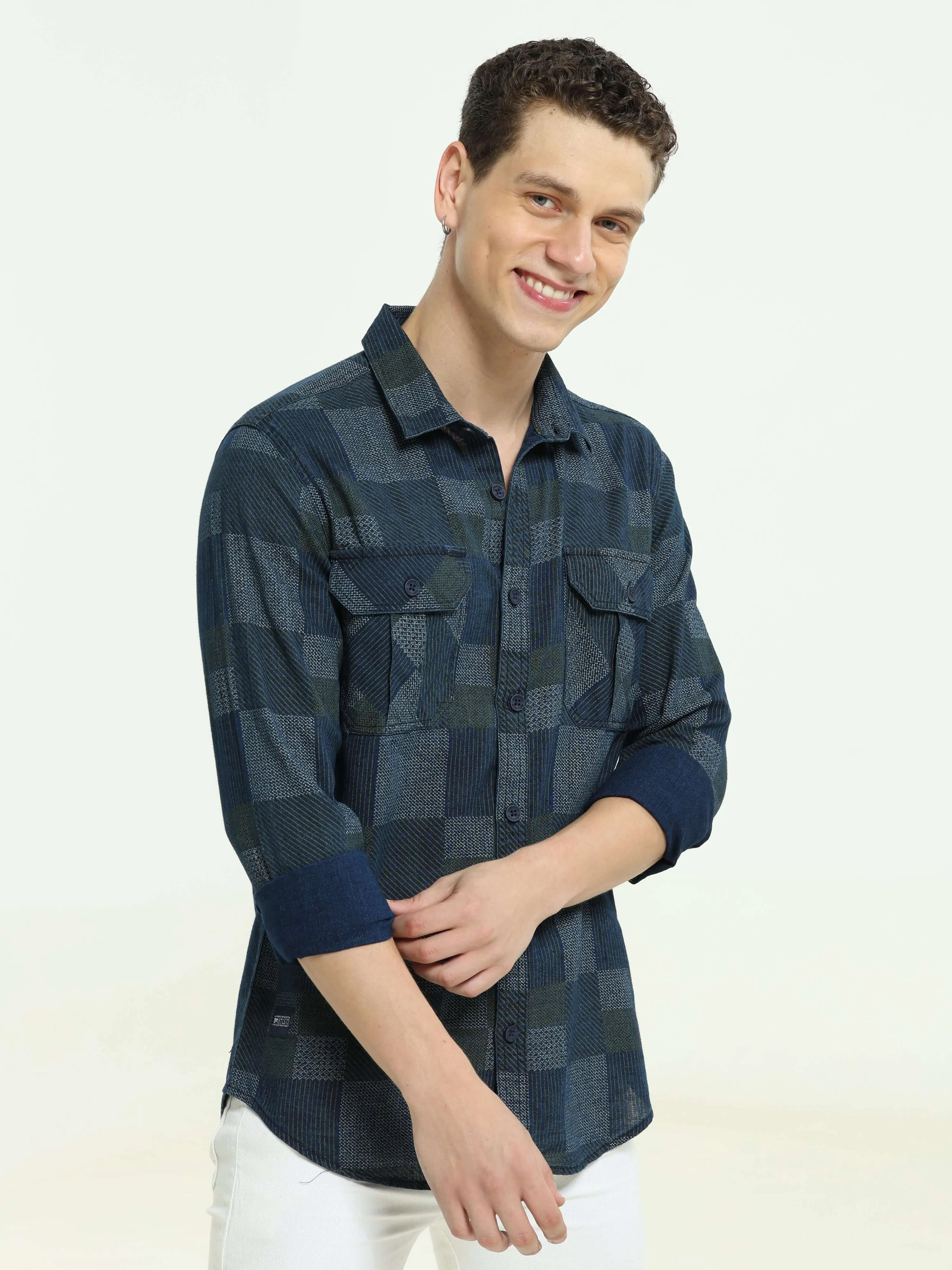 Denim multi blocked check casual shirt