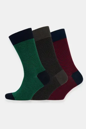 Everyday Cotton Sock Fine Stripe 3 Pack - Green/Grey/Red