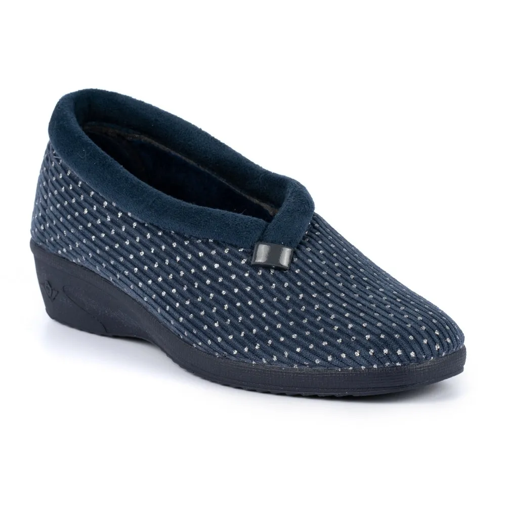 Ladies Bedroom Slippers Lunar Wedge Heel Navy Greta KLA155