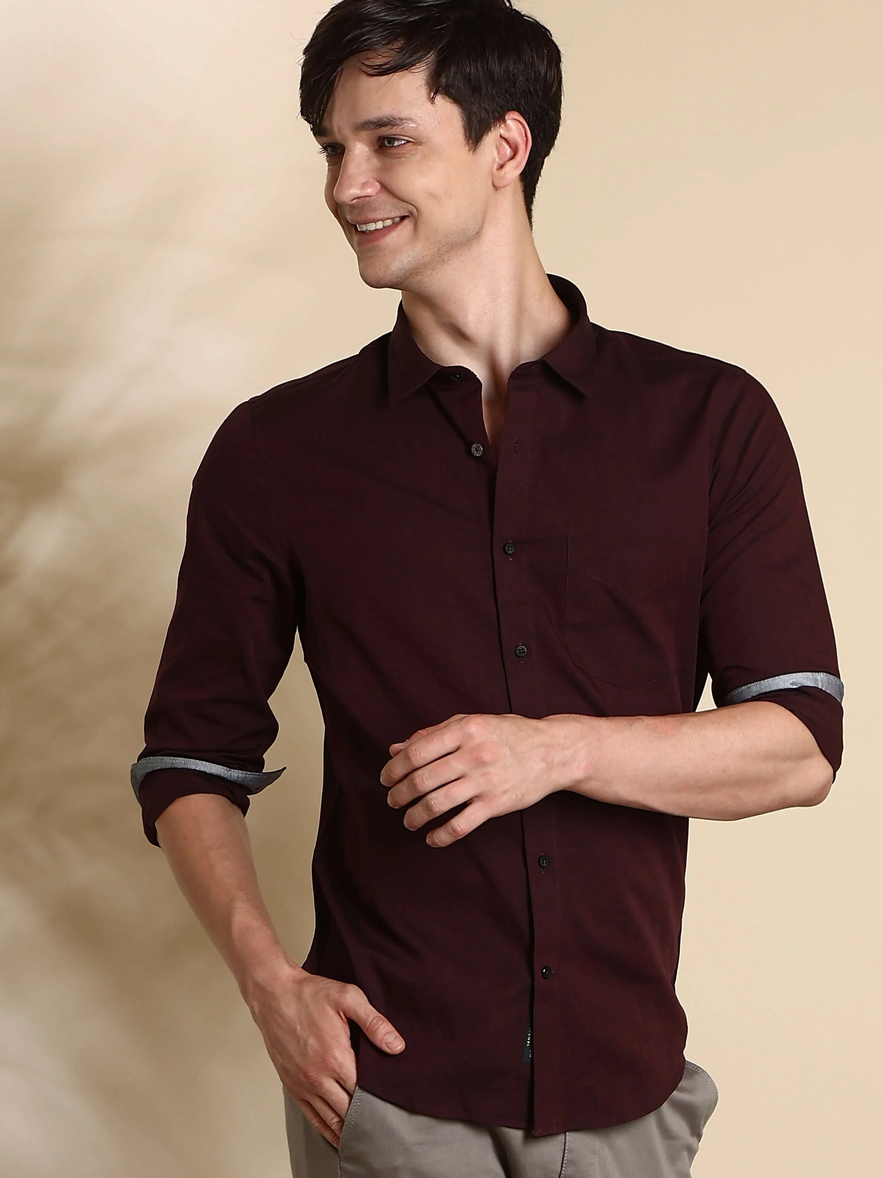 Maroon Solid Casual Full Sleeves Shirt