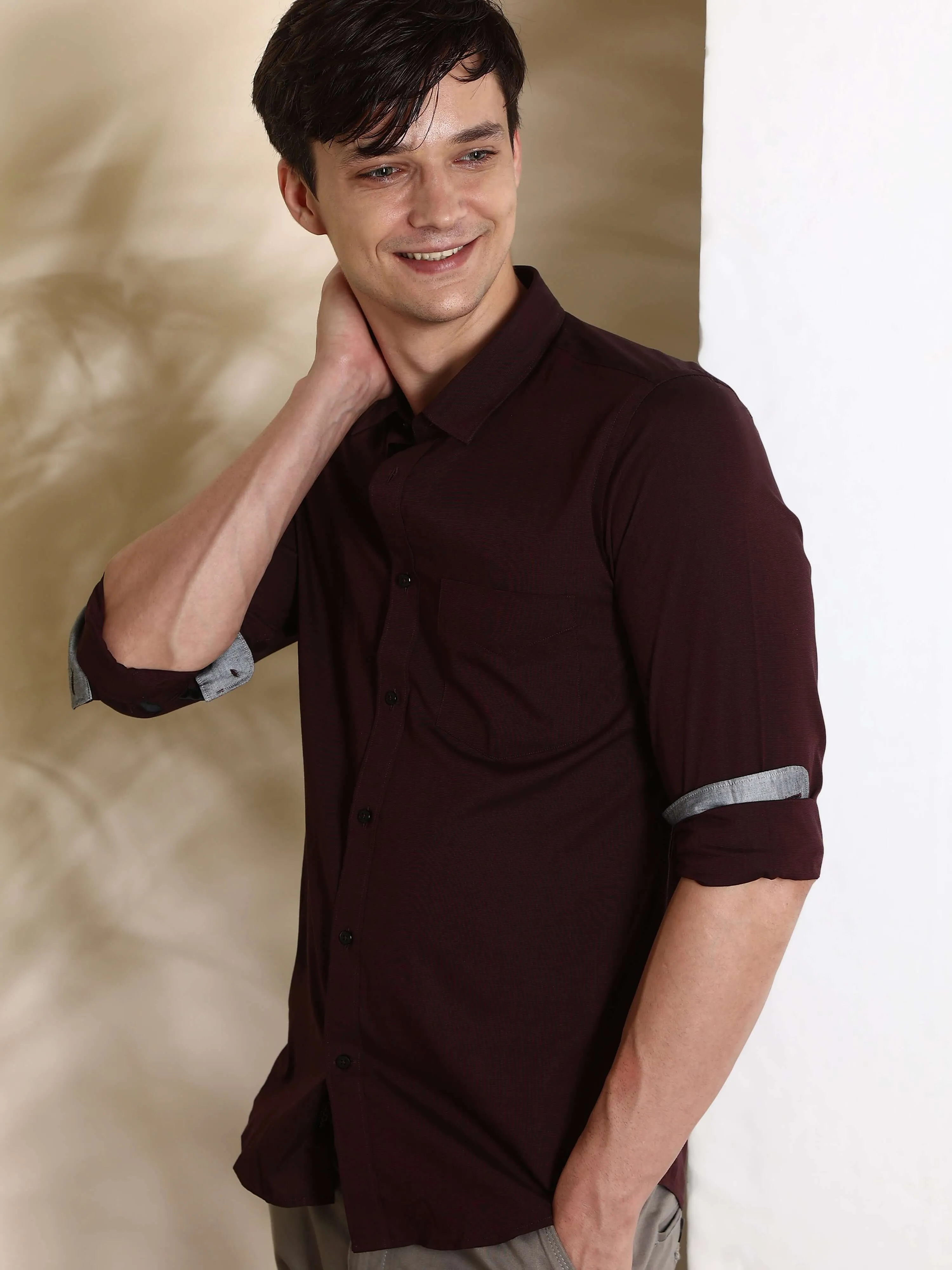 Maroon Solid Casual Full Sleeves Shirt