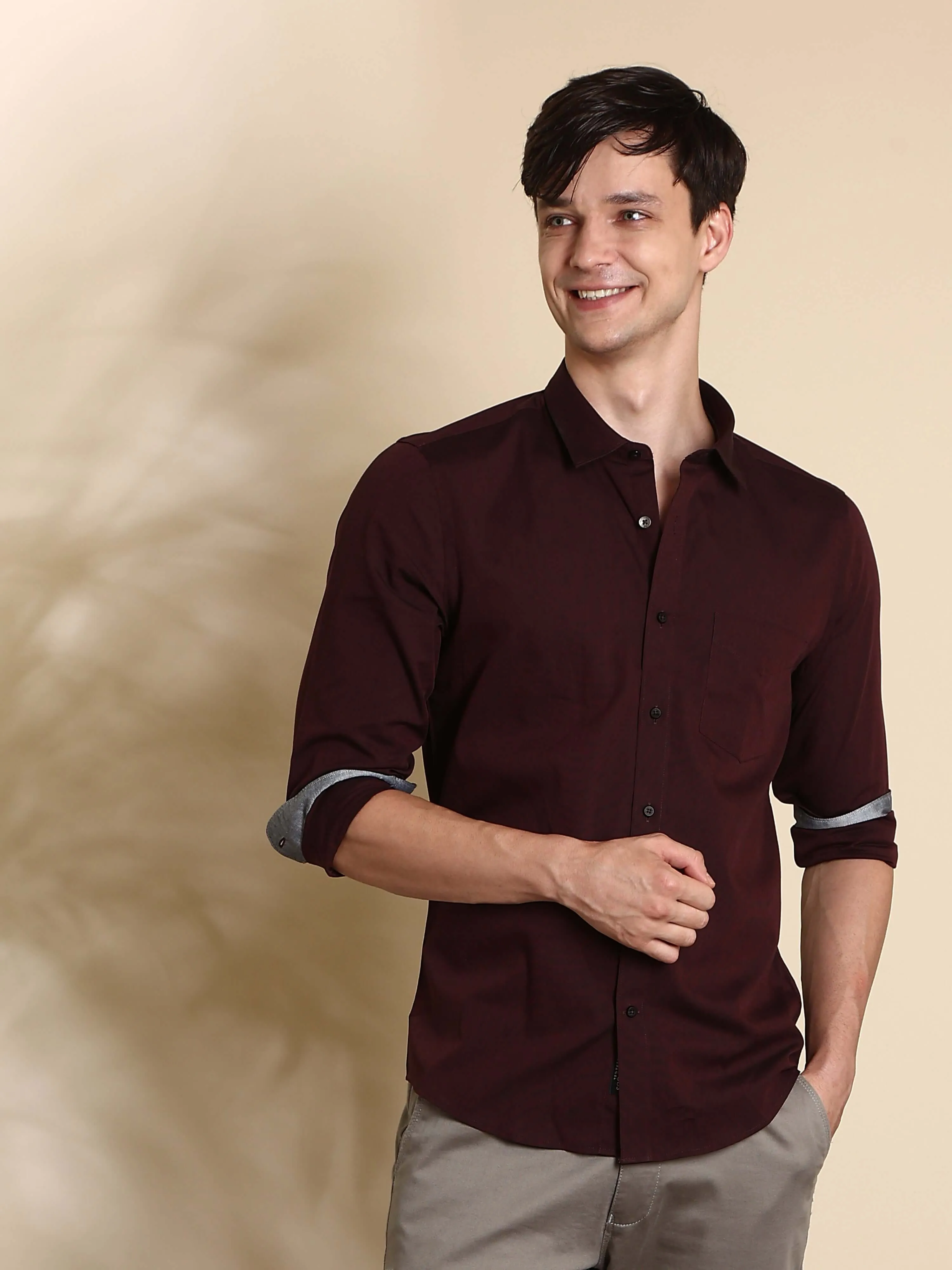 Maroon Solid Casual Full Sleeves Shirt