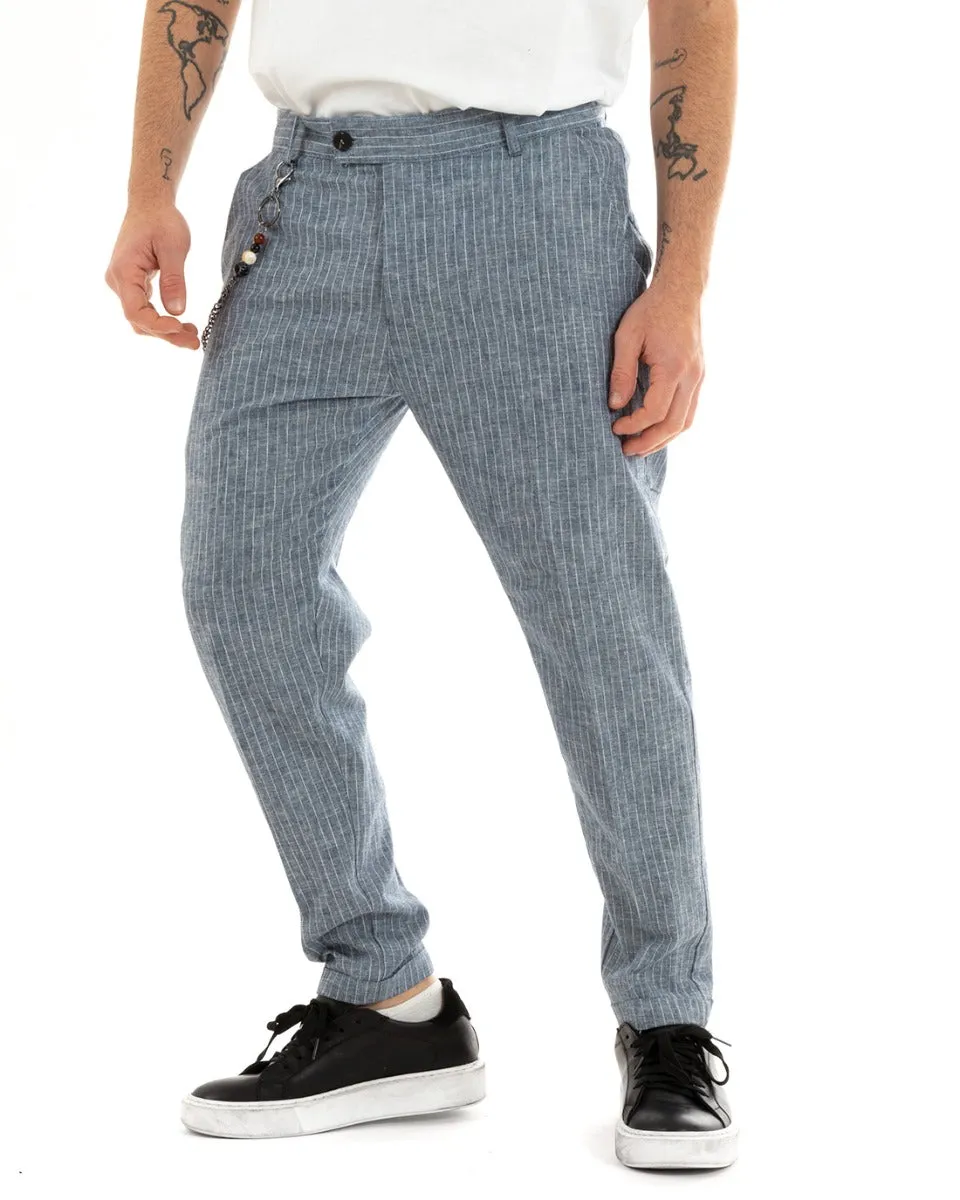 Pantaloni Uomo Lino Tasca America Rigato Gessato Blu Abbottonatura Allungata GIOSAL-P5754A