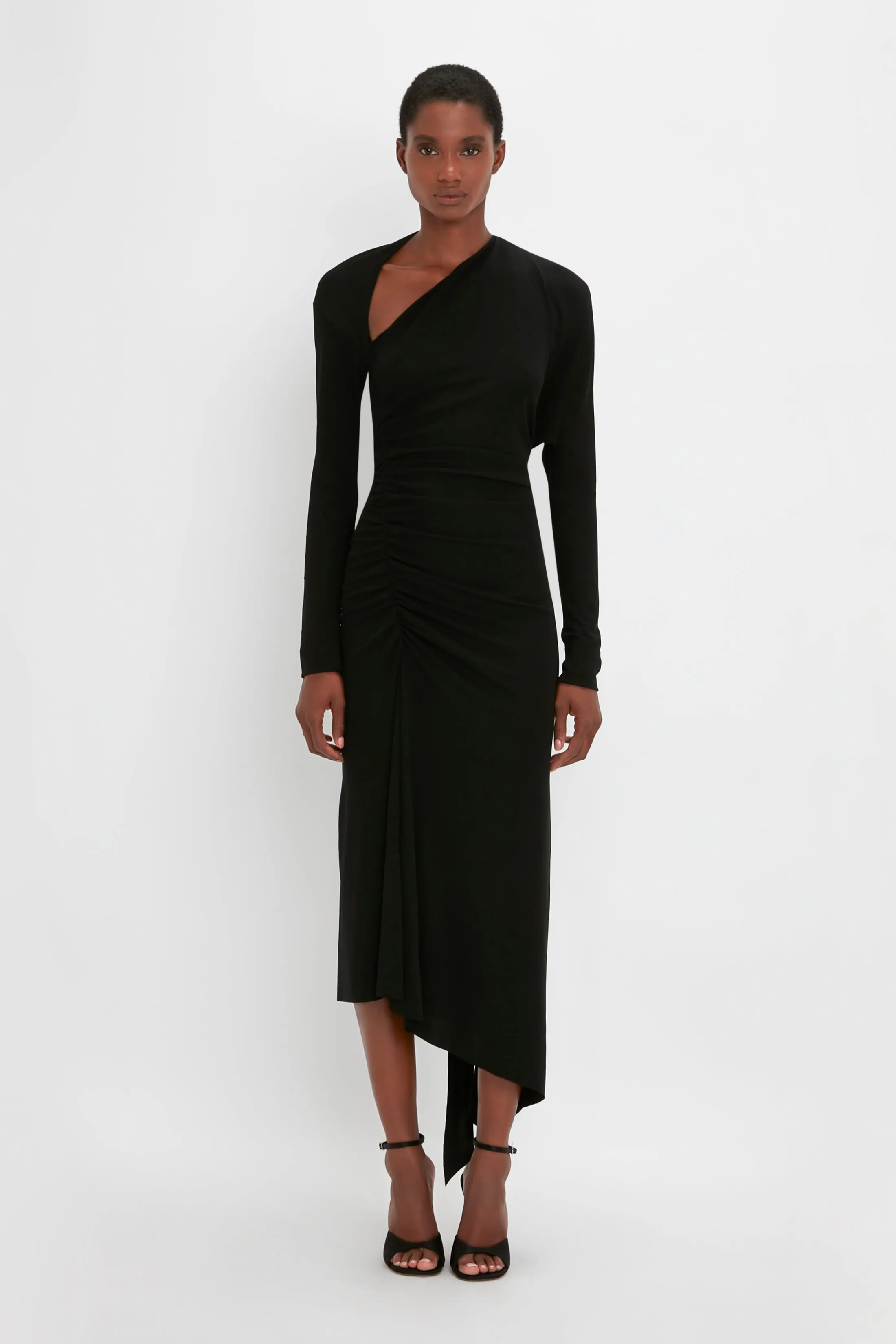 Slash-Neck Ruched Midi Dress In Black