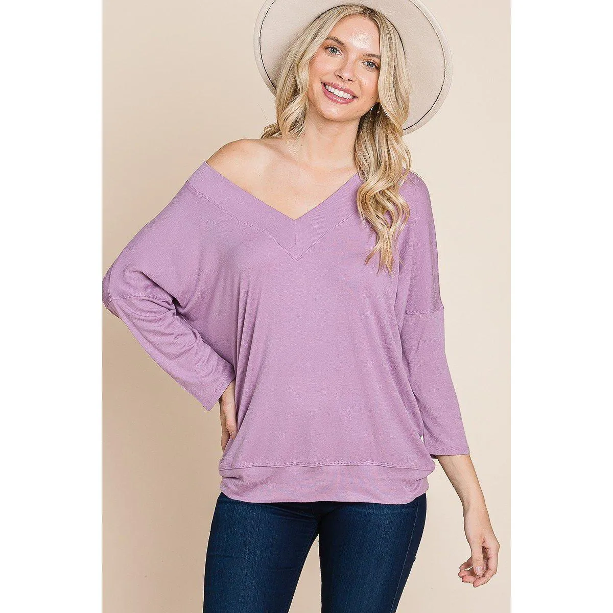 Solid Rib Modal Casual 3/4 Sleeves Dolman Sleeves Top