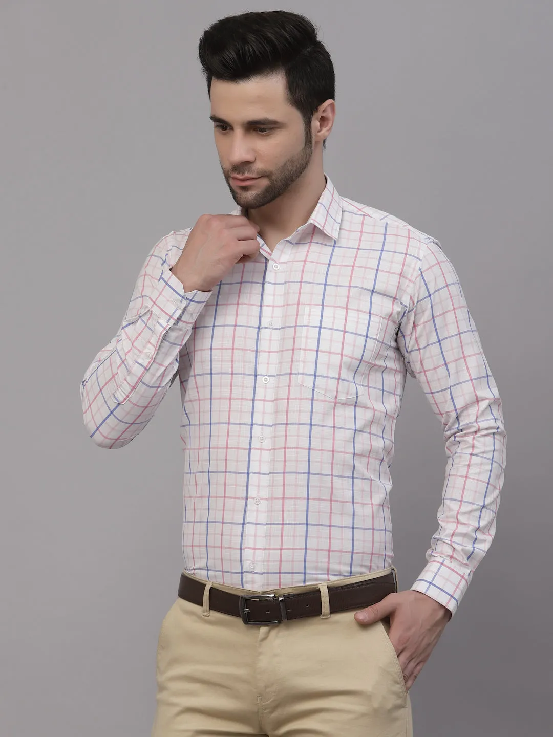 Style Quotient Men White And Peach Checks Yarn Dyed PolyCotton Regular Formal Shirt