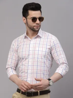 Style Quotient Men White And Peach Checks Yarn Dyed PolyCotton Regular Formal Shirt