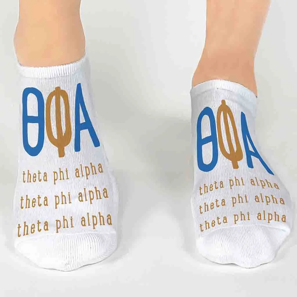 Theta Phi Alpha Sorority Socks with Large Greek Letters, Printed on No Show Socks