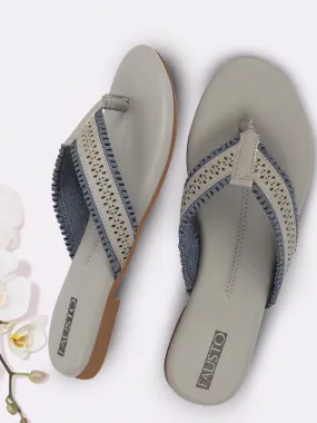 Women Grey Laser Cut Design T-Strap Thong Slip On Flats Slippers