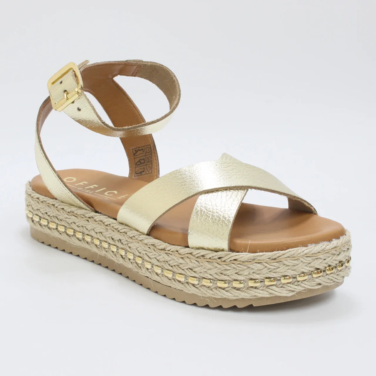 Womens Office Sassy Cross Strap Espadrille Flatform Gold Leather